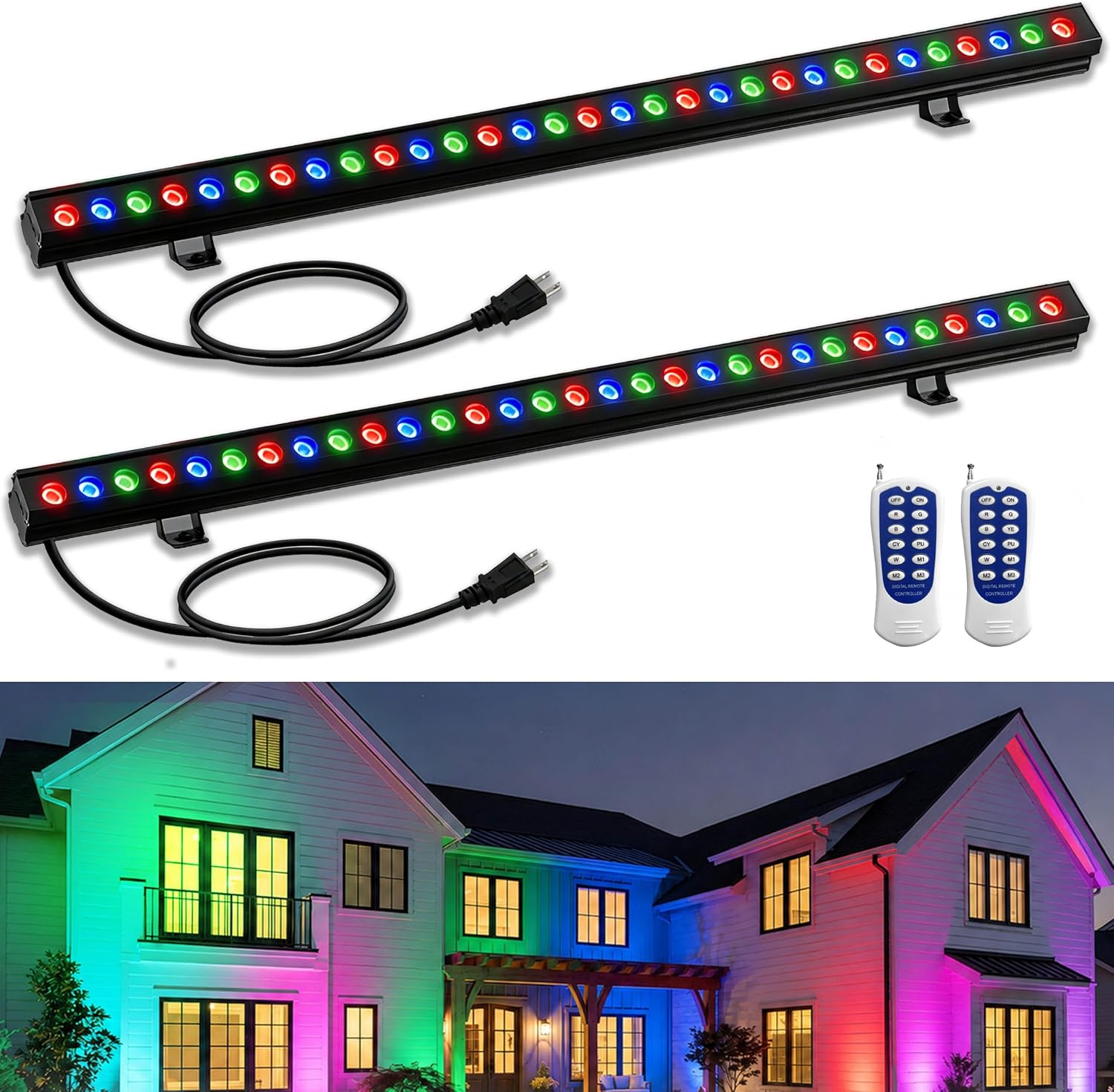 Outdoor Lighting Remote Control - 2パックRGBウォールウォッシャーライト100W屋外用LEDライトバー | IP67防水、長さ38.5インチ、リモコン付き、色変更可能、ランドスケープ用