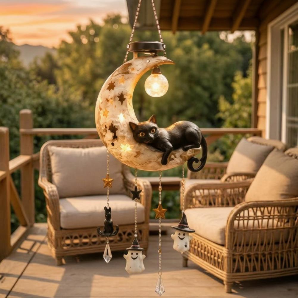 Outdoor Lighting Art - 耐候性屋外ガーデンアートソーラームーンブラックキャットウィンドチャイムライトソーラーパワー屋外吊り下げランプ防水ママ用