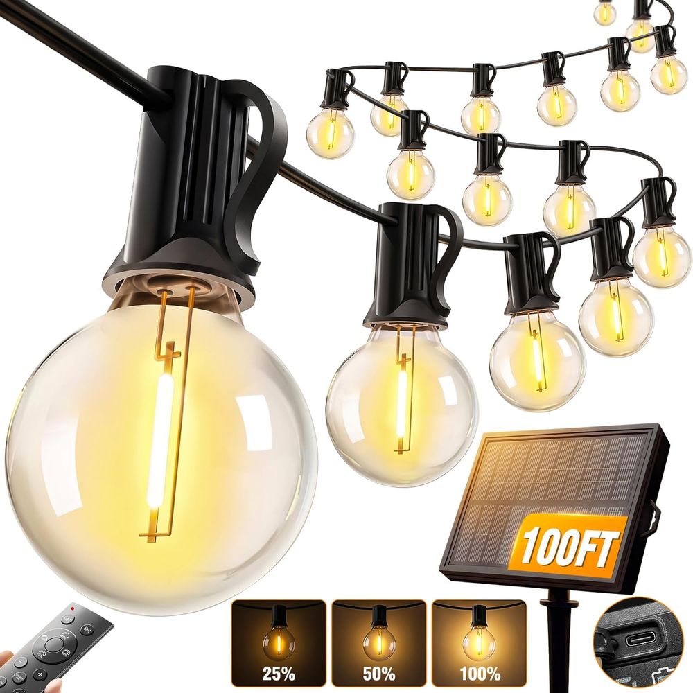 String Light Bistro - 100T ストリングライト屋外用、G40 パティオライト、アップグレードされたリモコン付き、USB 充電、夕暮れから夜明けまで、耐水性ハンギングビストロライト