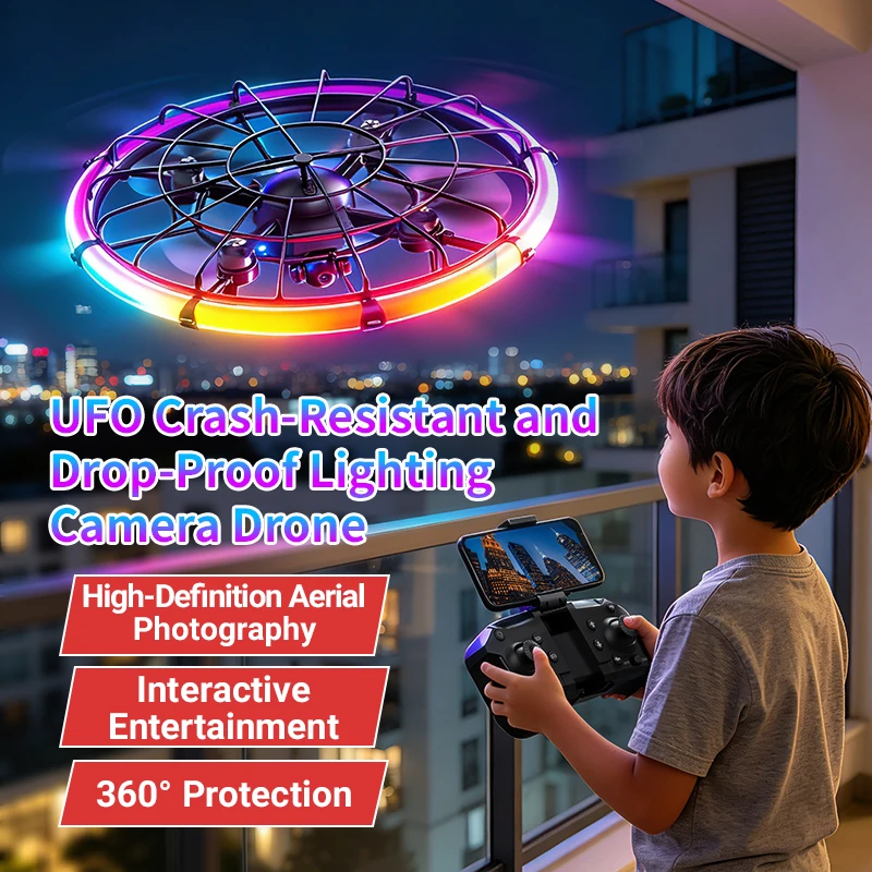 Outdoor Lighting Remote Control - JJRC H145 UFO RCドローン、デュアルHDレンズ、RGBフローライト、フルボディプロテクション、空撮クアッドコプター玩具
